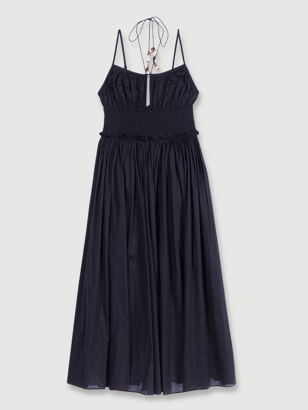 Maje Black Smocked Maxi Dress with Tie Neck